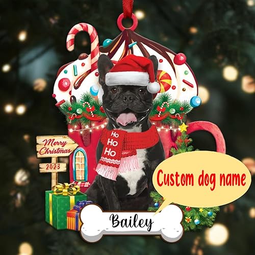 Miniatura 2 de Adorno personalizado para perro Bulldog francés, adorno de perro con nombre personalizado, impreso en 2D, acrílico colgante, Papá Noel y perro para