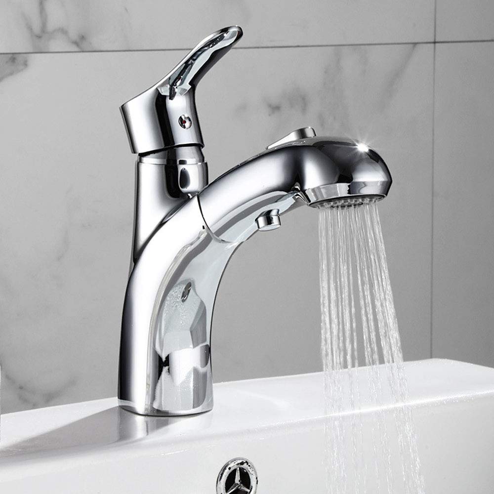ZYCHSJXA Chrome Pull Out Bathroom Basin Faucet Washbasin Tap Silver Sink Waterfall Flow Kitchen