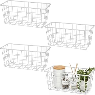 LeleCAT Hanging Kitchen Baskets For Storage Adhesive Sturdy Small Wire Storage Baskets No Drilling Wall Mounted Kitchen Food Pantry Bathroom Shelf Storage, 4 PACK,White