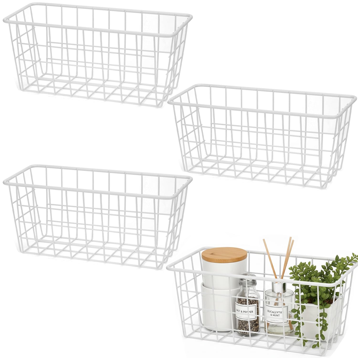 LeleCAT Hängekörbe zur Aufbewahrung, selbstklebend, stabil, klein, Draht, Aufbewahrungskörbe, ohne Bohren, Wandmontage, Küche, Lebensmittel, Speisekammer, Badezimmerregal, Aufbewahrung, 4 Stück, Weiß