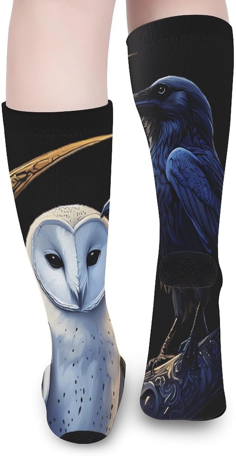 Owl-Crow-Moon Knee High Socks Athletic Long Stockings Sport Casual Crew Tube Sock Boot 40cm