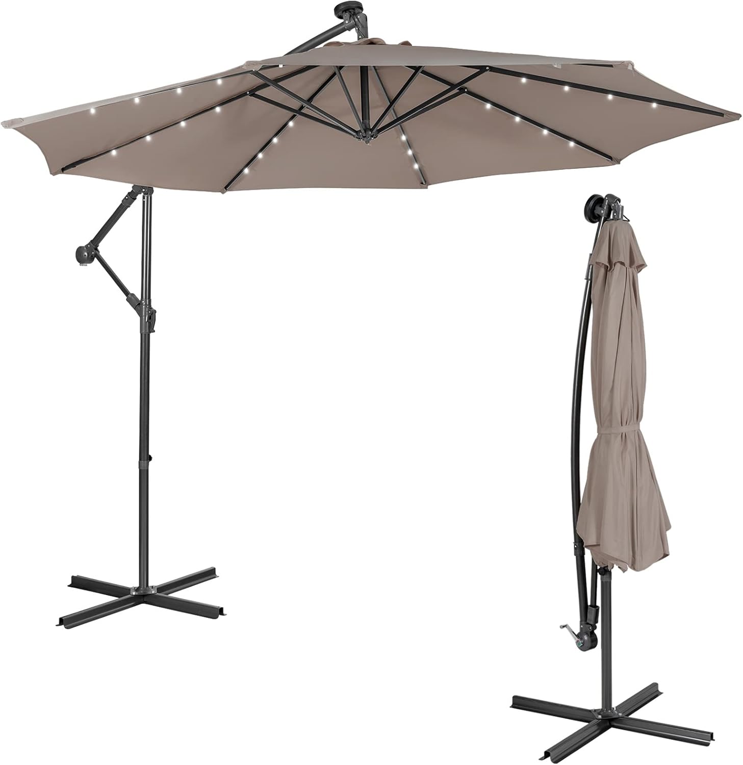Tangkula 10 ft Cantilever Umbrella w/32 Solar-Powered LED Lights, Functional Tilting System & Hand-Crank Mechanism, Patio Offset Umbrella for Backyard, Poolside, Market, Cross Base Included