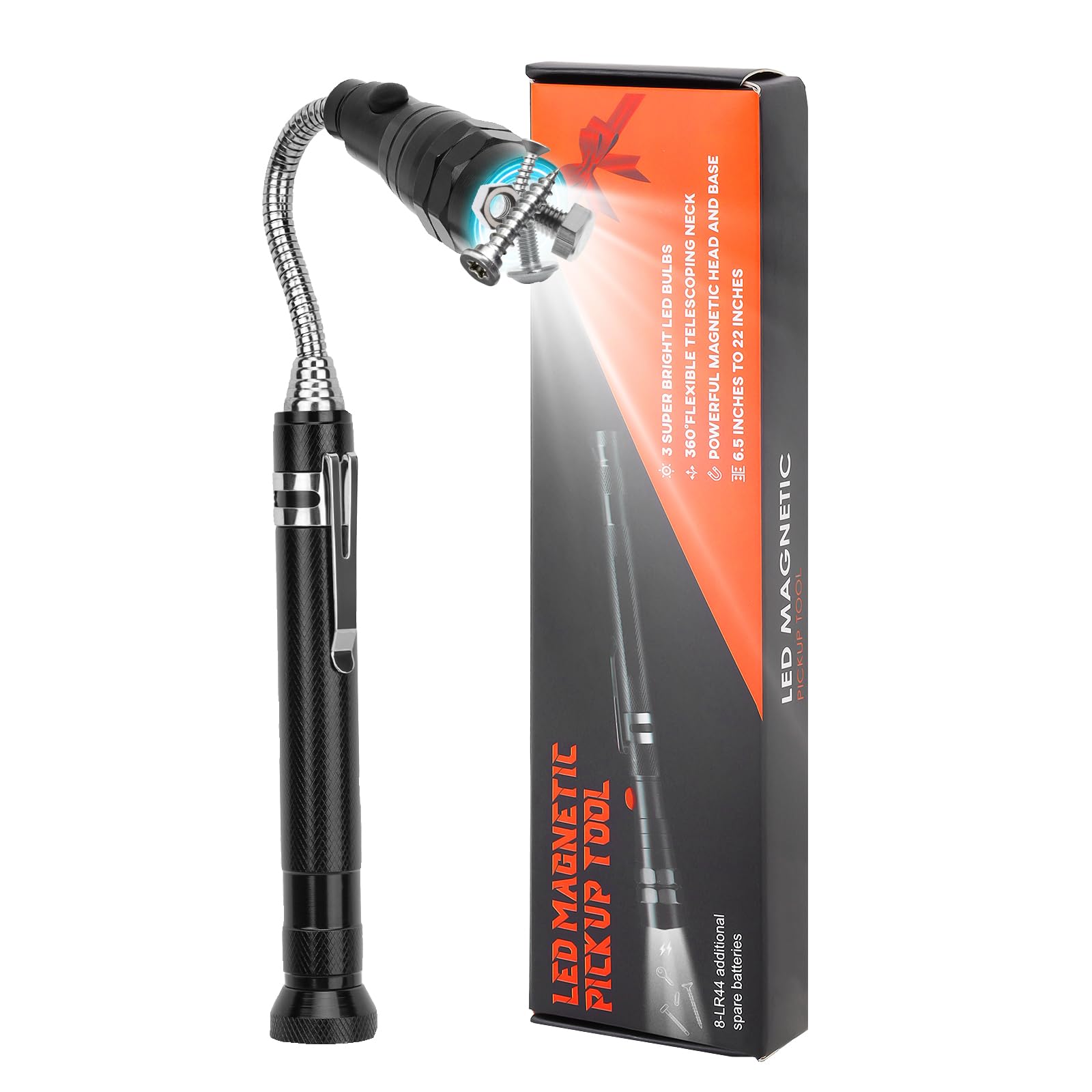 Telescoping Magnet Pickup Tool with Bright LED Lights Extendable Neck up to 22 Inches Cool Gadget Birthday Gifts for Men, Husband,Dad,Father,Mechanic,Tech,Handyman,Him Women