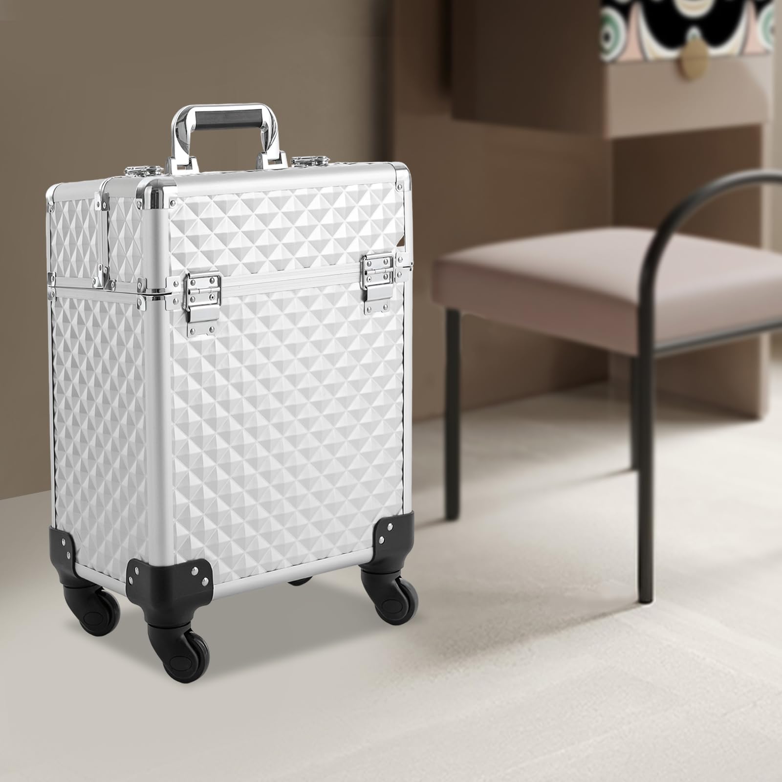 Kosmetikkoffer mit Rollen, Make Up Koffer Trolley 2 klappbare Fächer Verstellbare Zugstange und Riegel für Visagisten Friseure Nageltechniker Kosmetiker (Silber)