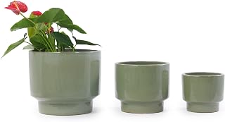 Ceramic Plant Pots with Drainage Hole, 9/12/15 Inch, Antique Light Green | Solid Color Glazed Finish