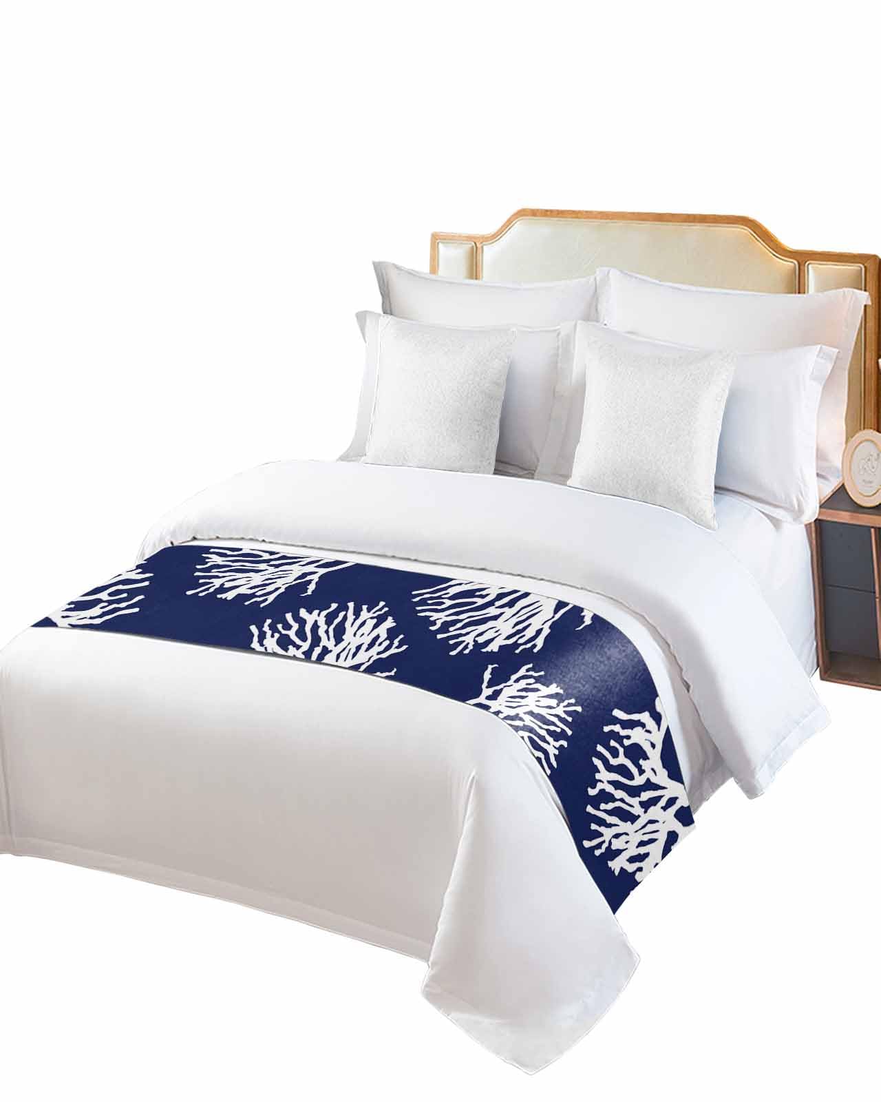 Full Bed Runner Modern Abstract Coral on Dark Blue Bedding Runner Scarves Decorative Bed Scarf, Summer Underwater Soft Bed Runners for Bedroom Hotel Wedding 83x20IN