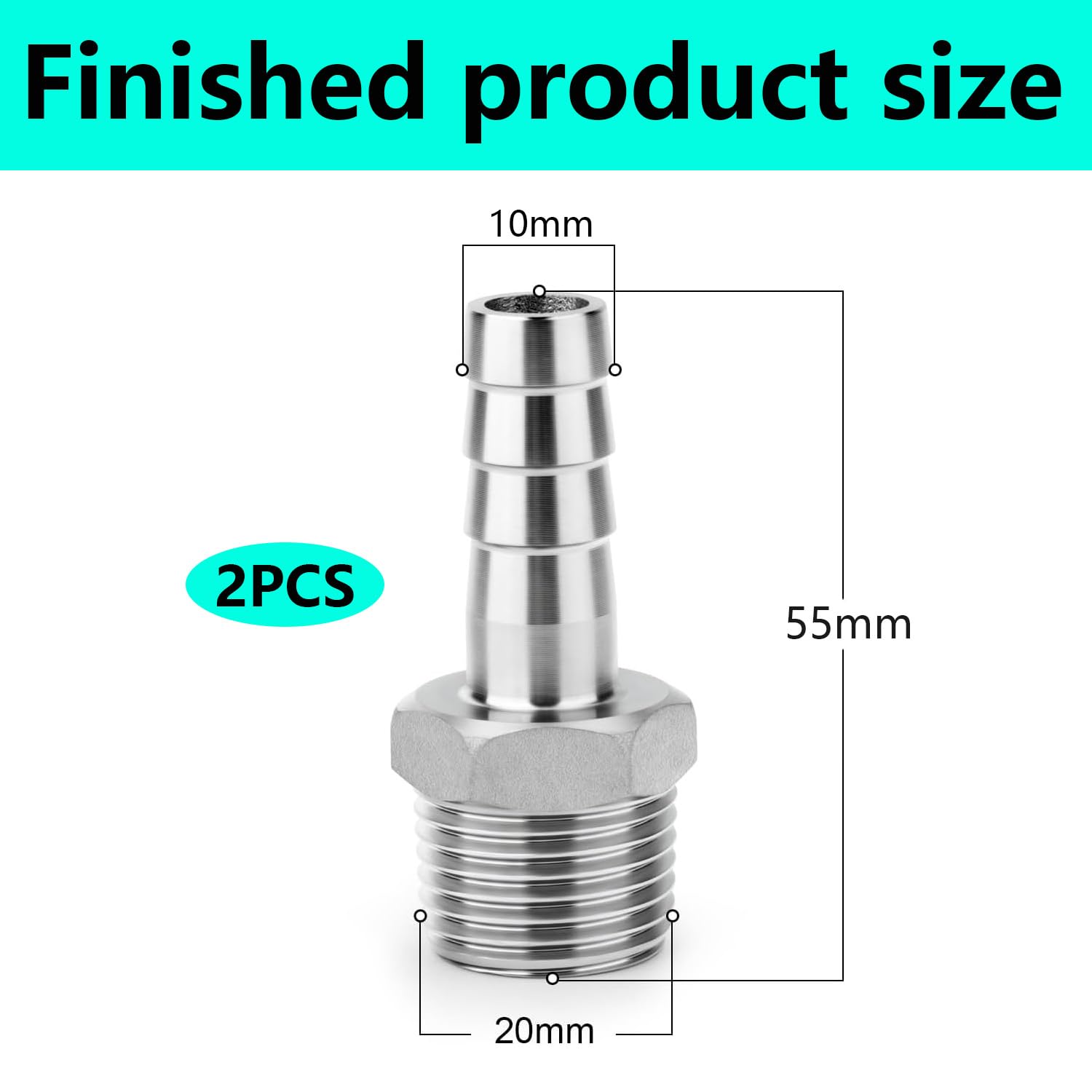 QZKJQDD 2 Pcs Stainless Steel Barb Hose Fitting, 10 MM Barb to 1/2" BSP Male Hose Barb Fittings - Image 2