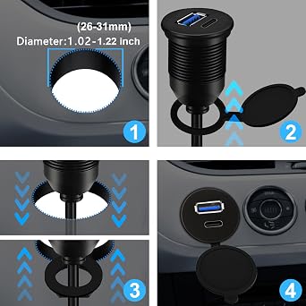 USB 3.0 Male to USB 3.0 & Type-C Female Car Flush Mount Cable 1ft for Extension and Data Transmission Compatible with Laptop, PC, Hard Drive 30CM