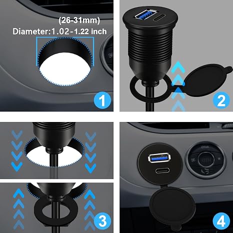 USB 3.0 Male to USB 3.0 & Type-C Female Car Flush Mount Cable 1ft for Extension and Data Transmission Compatible with Laptop, PC, Hard Drive 30CM