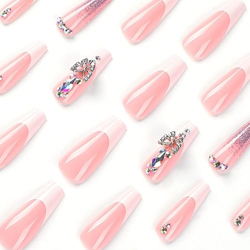 Miniatura 4 de 24 uñas postizas cuadradas de longitud larga, color rosa claro, brillantes, con diseño tridimensional de mariposa y diamantes de imitación, uñas