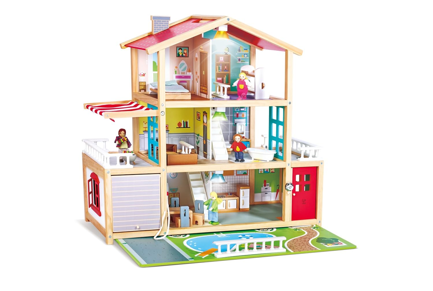Hape Puppen-Villa Holz-Puppenhaus mit 10 Zimmern, kreatives Rollenspiel, inklusive Möbel und Zubehör, pädagogisches Spielzeug, für Kinder ab 3 Jahren