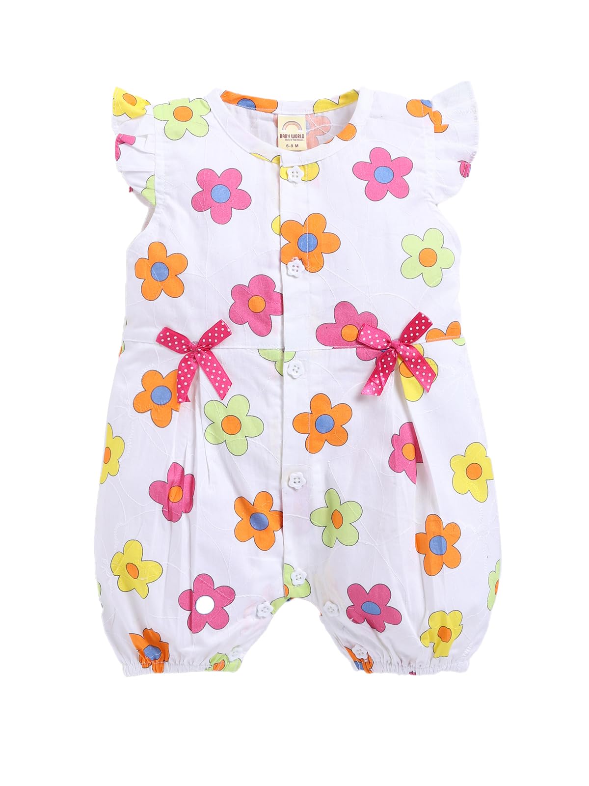 BABY WORLD Half Sleeve Floral Romper | 100% Cotton | White | 9-12 Months | Baby Girls