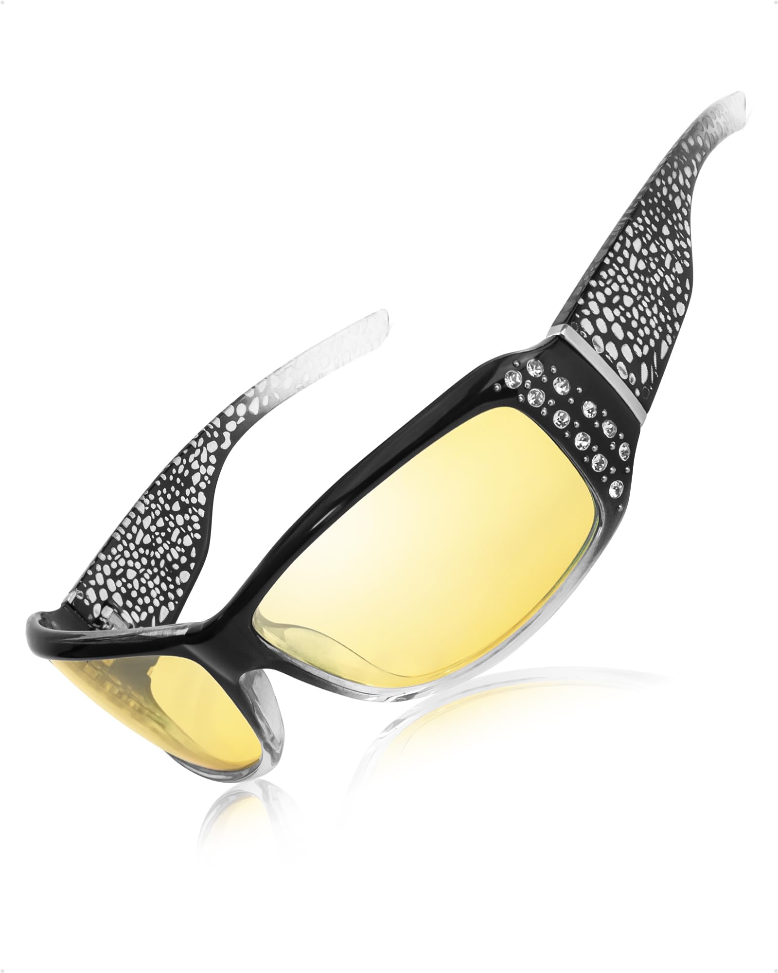LVIOEPolarized Night Driving Glasses for Women Anti Glare Yellow Lens Wrap Around Rhinestones Trendy Night Vision Glasses