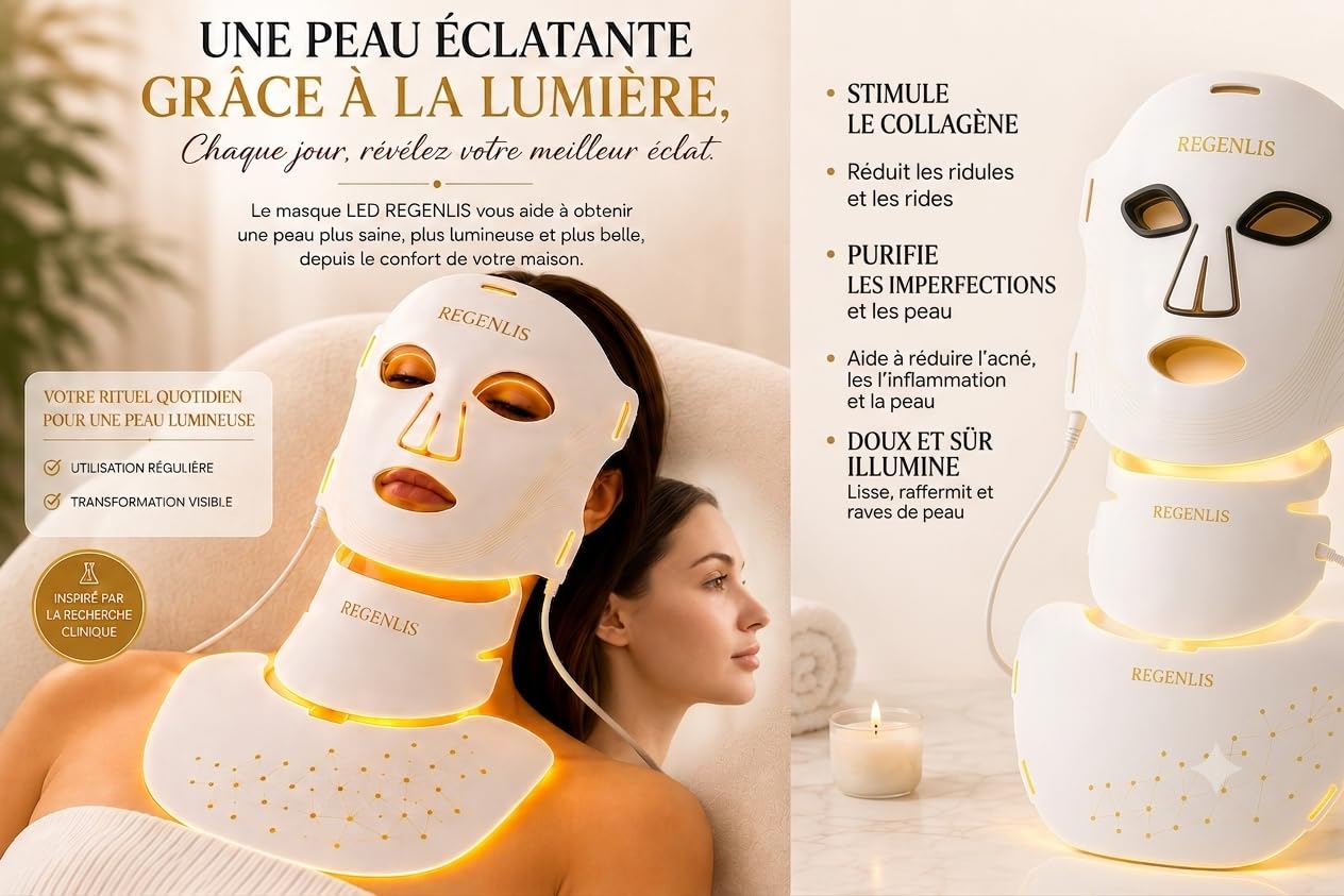 Masque LED Visage et Cou – Appareil de Photothérapie 7 Couleurs, Soin Anti-Rides, Aide à Réduire l'Apparence des Rides, Améliore l'Éclat de la Peau.