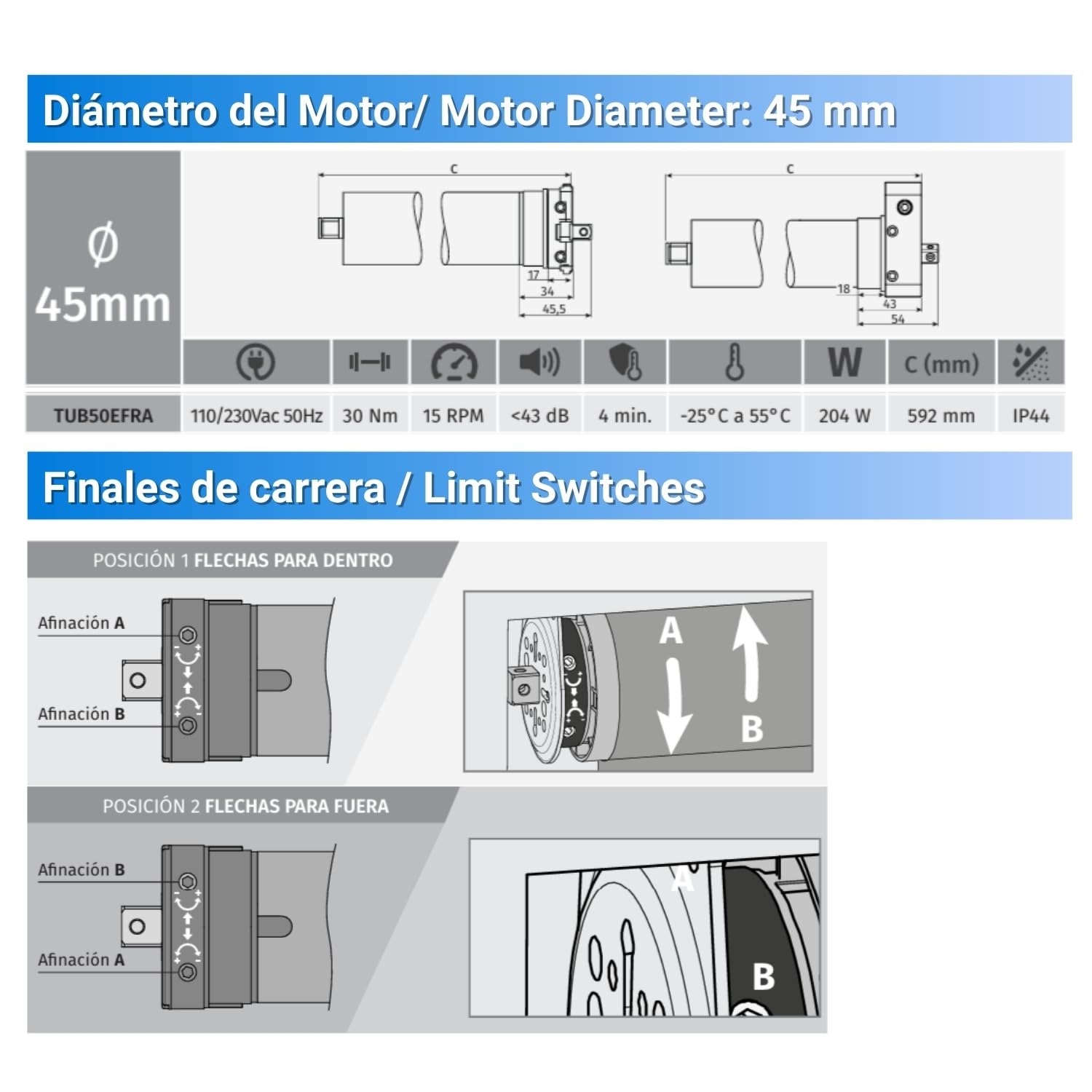 Motor Tubular persianas y Cortinas con Mando a Distancia. Motor Tubular Motorline para Ejes de 60mm. Automatismo persianas y toldos, hasta 50kg de Peso.