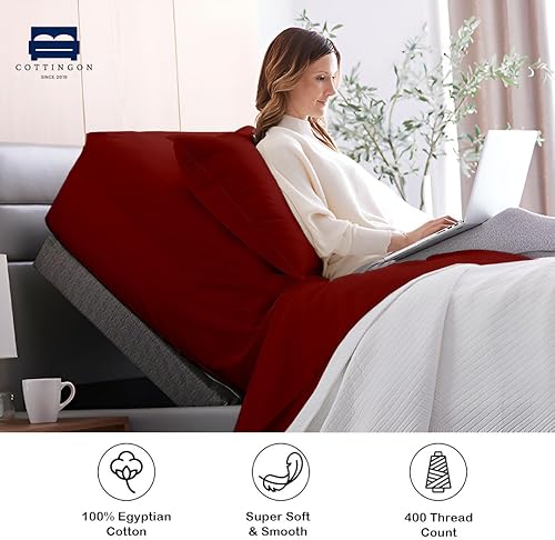 Miniatura 3 de Cottingon Juego de sábanas de algodón egipcio de 400 hilos, 34 divisiones, tamaño King, color burdeos, sábana bajera ajustable, bolsillos profundos,