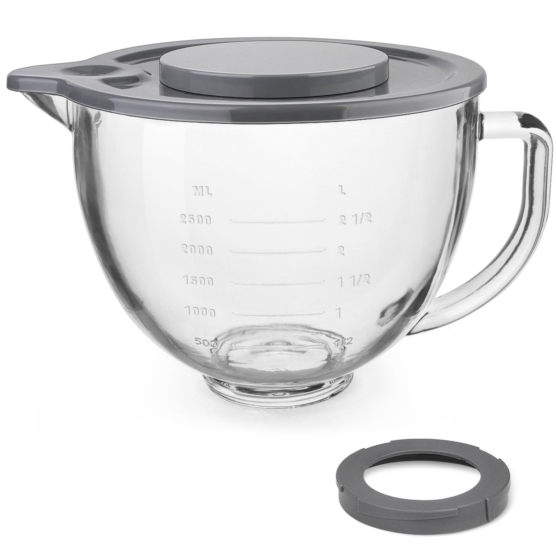Glass Mixing Bowl Accessory 5 Quart - Compatible with KitchenAid 4.5 and 5 Quart Tilt-Head Stand Mixers (With Lid & Lock Ring)