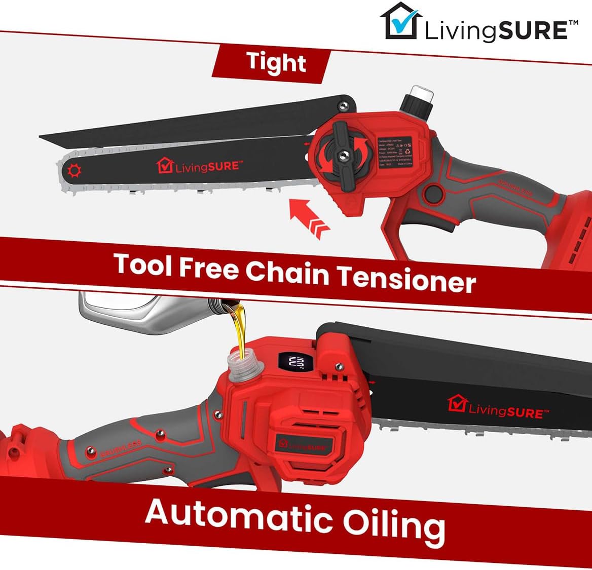 8" Cordless Mini Chainsaw by LivingSURE Portable Cordless Electric Chain Saw, Rechargeable Battery Power Cutting Handheld Saw -Tree Branch Wood Cutting, Gardening Tool – Battery Not Included