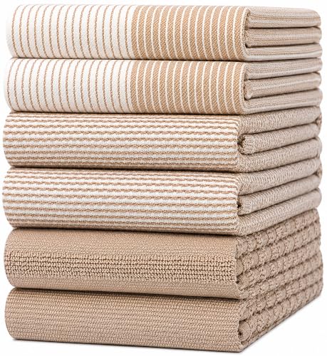 Image of Premium Kitchen Towels (20 inchx 28 inch, 6 Pack) | Large Cotton Dish Towels | Flat & Terry Highly Absorbent Kitchen Linen Set with Hanging Loop | Tan