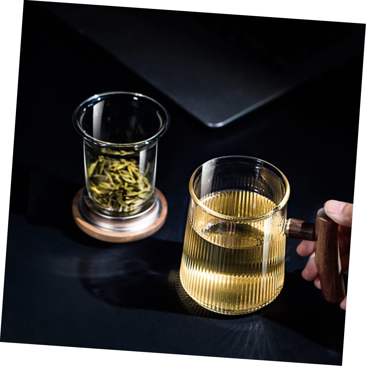 NAMOARLY Vertical Stripe Tea Cup Mug with Tea Infuser Unique Tea Cups Clear Tea Cups Tea Infuser Mug Clear Mugs Filter Drinking Mug Tea Cups with Lids Tea Mug Infuser Tea Kettle Wooden