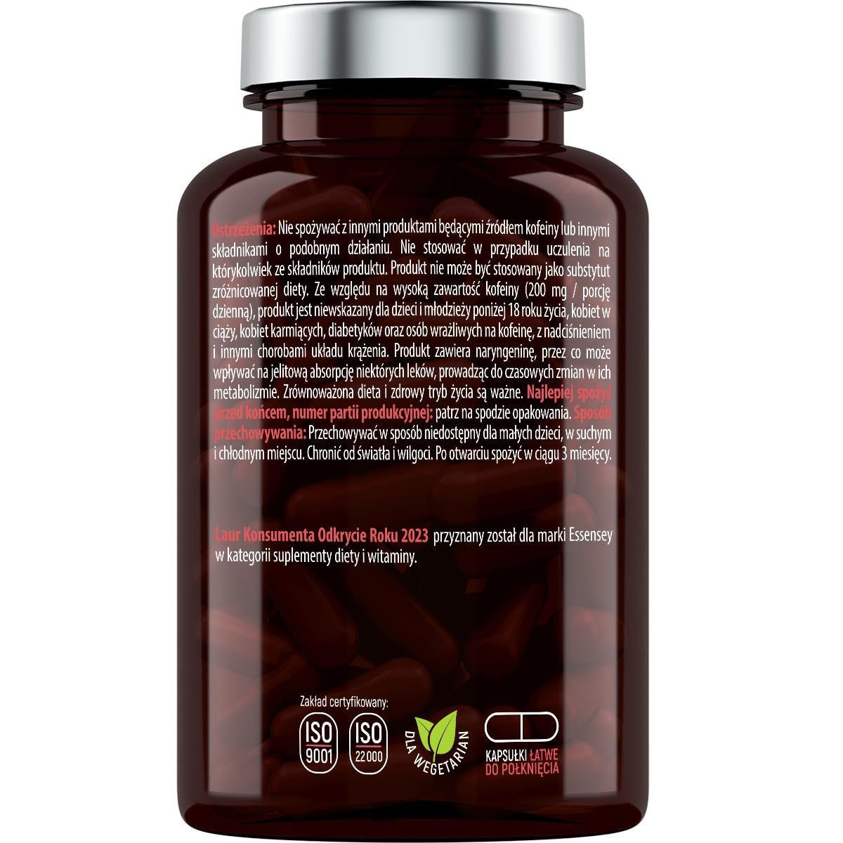 ESSENSEY - Kapsułki z Kofeiną I Kofeina 200 mg I 120 Kapsułek I Ekstrakt z grejpfruta 50 mg - I Naryngenina 49 mg I Dla wegetarianI 120 Dniowych porcji I Kapsułka z celulozy