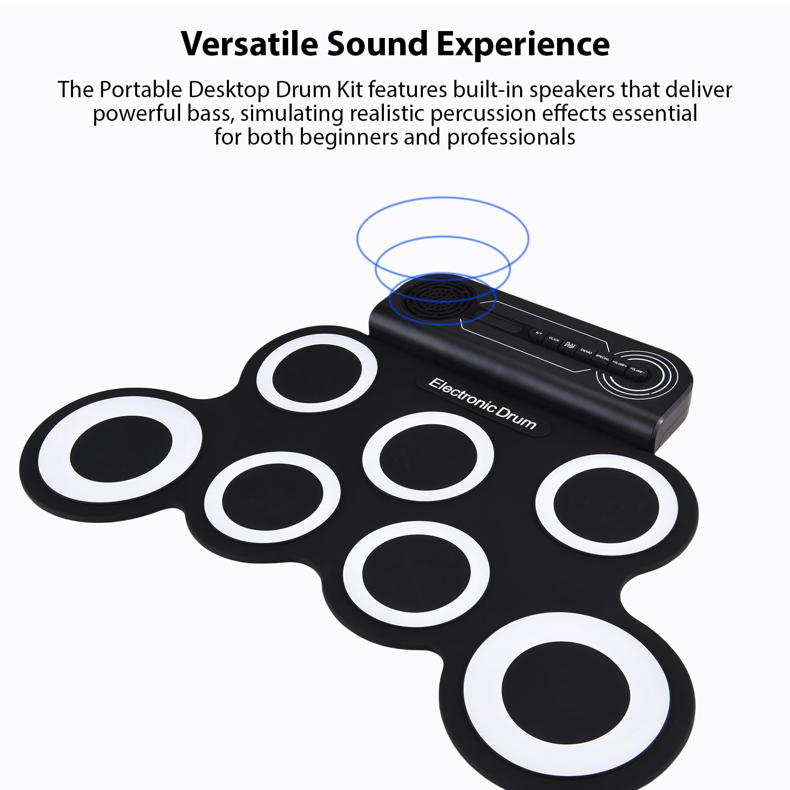 Walmeck Tambor de Escritorio Portátil Altavoz Rollo de Mano 7 Almohadillas Práctica de Silicona Kit de Tambor para Almohadillas para Principiantes Recargables (En y negro)