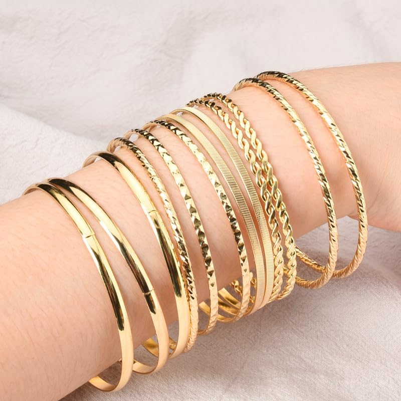 Boho Gold Bangle Bracelets for Women Bohemian Stackable Bracelets Sets for Women Round Dainty Bracelet Metal Aztec Multi Bangle Bracelets for Women Textured Bangles Bracelet Accessories Pack of 12 - Image 4