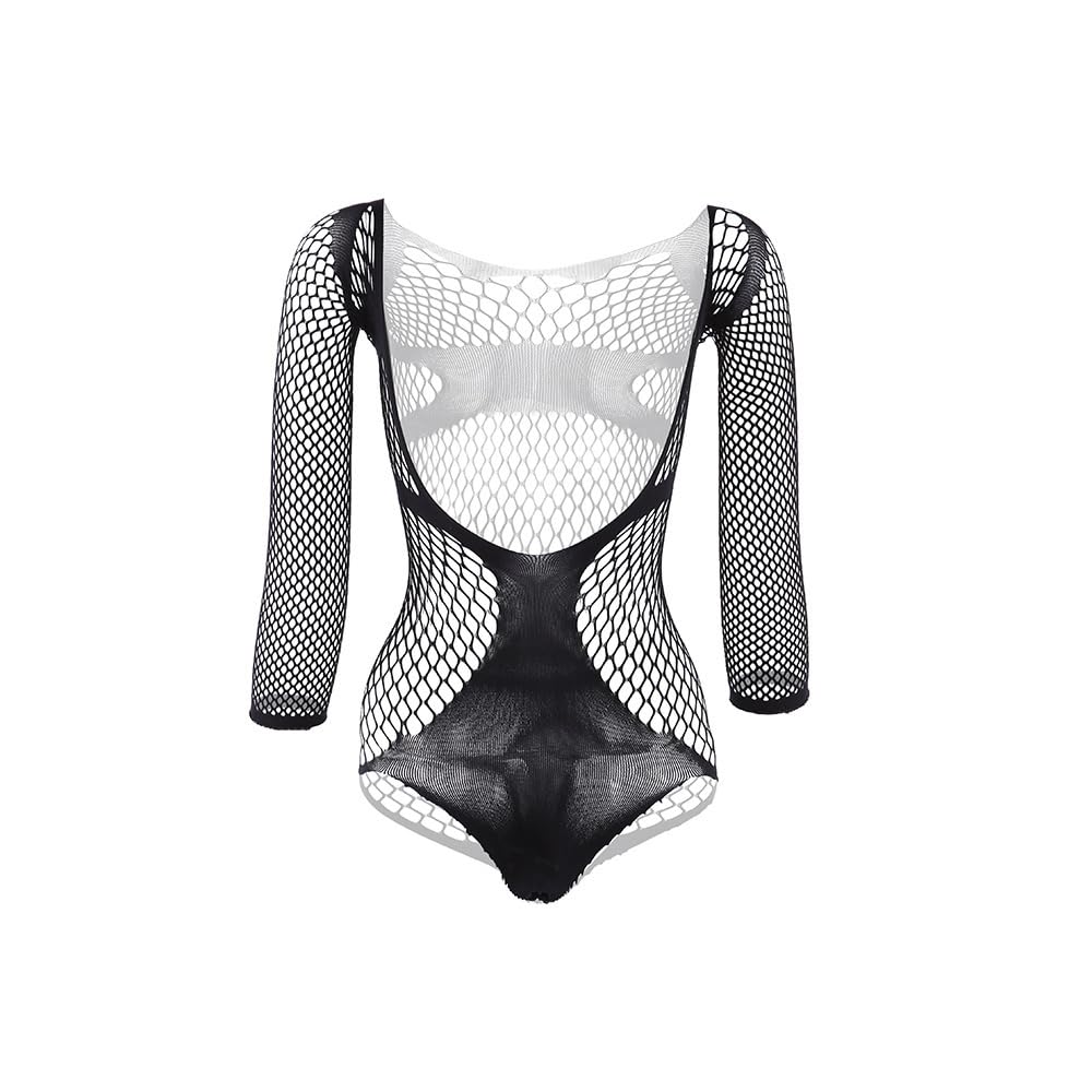 Walang Body sexy elasticizzato da uomo, top shapewear, body a maniche lunghe, in rete, lingerie sexy con ritagli