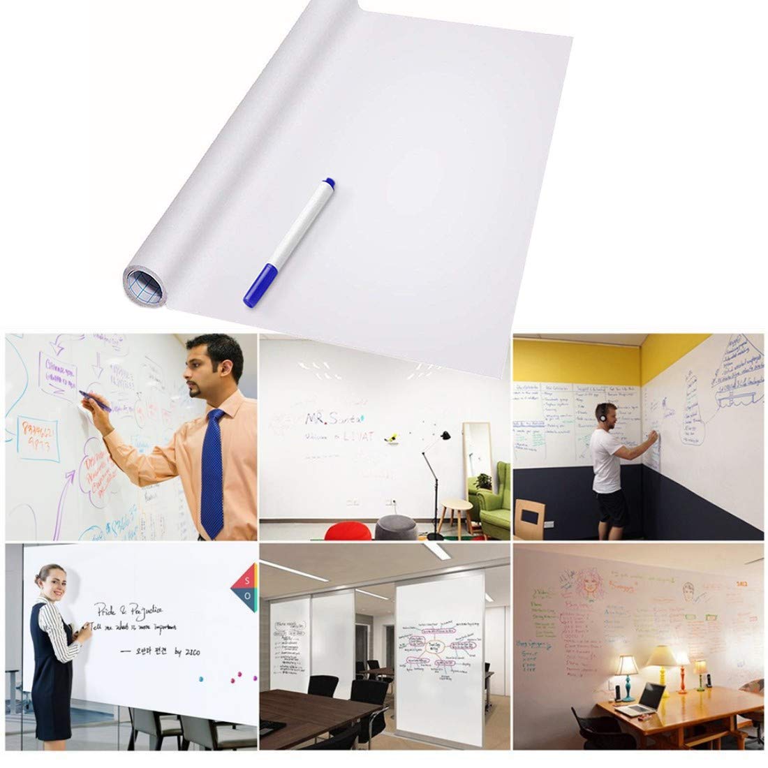 Linian Pizarra Blanca Adhesiva, Pizarra Blanca de Pared Lámina Blanca Pizarrón Adhesiva Fácil Escribir y Borrar 44.5 * 200cm