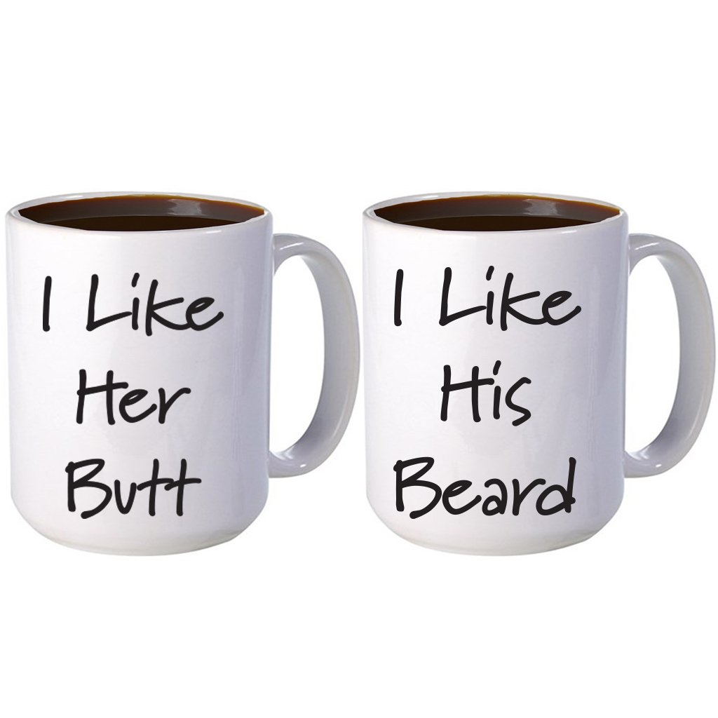 VictoryStore Large Mugs: Couples Coffee Mug Set 15 ounce, His and Hers Mugs (I Like His Beard, I Like Her Butt)