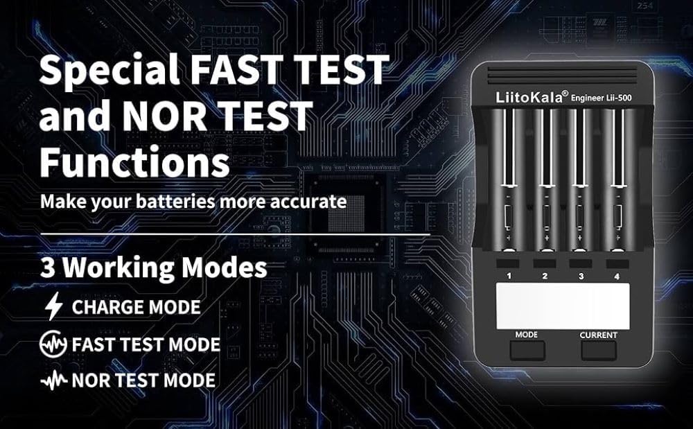 LiitoKala Lii-500 charger showing test functions