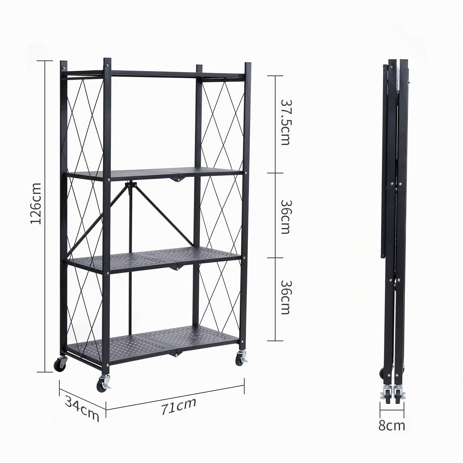 BRIAN & DANY Estanteria Plegable con Ruedas 4 Niveles, Negro Estante de Almacenaje Plegables de Metal, Carga Pesada Estante Plegable para Cocina, Oficina, Garaje, 71 x 34 x 126 cm