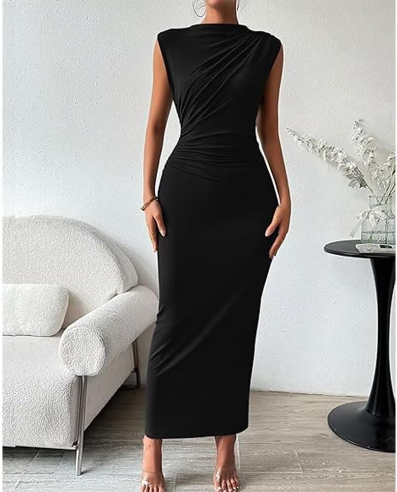 Women Sleeveless Ruched Slit Bodycon Dresses Tea Party Dress Semi Formal Dresses for Women Black - Image 2