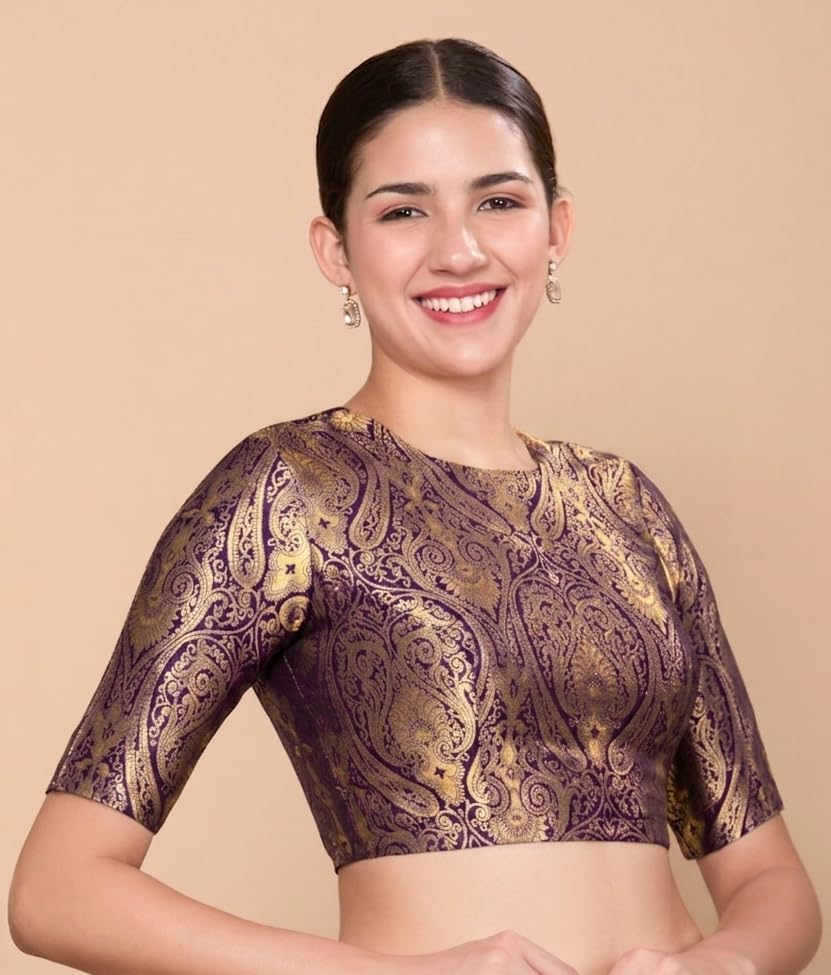 Image of Studio Shringaar Women Brocade Silky Jewel Neck Readymade Elbow Length Sleeve Saree Blouse