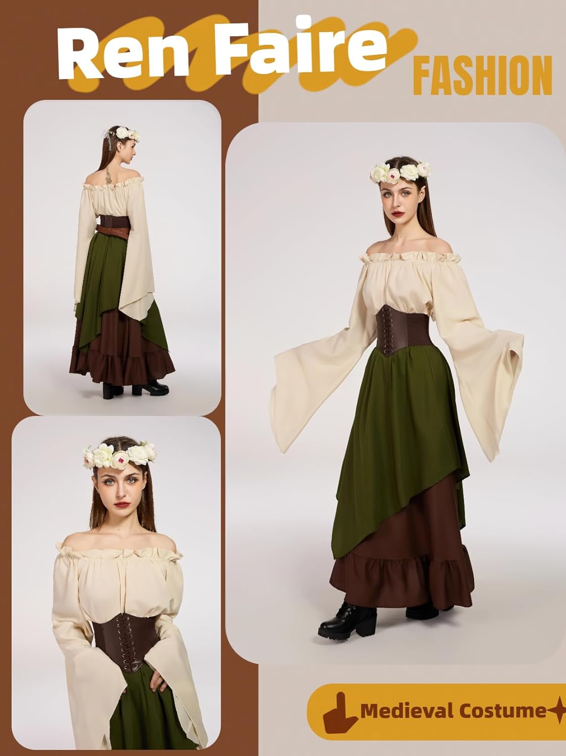 Renaissance Costume Women Ren Faire Outfit Medieval Skirt Dress with Corset Belt Pouch Coin Purse Skirt Hike 7PC - Image 5