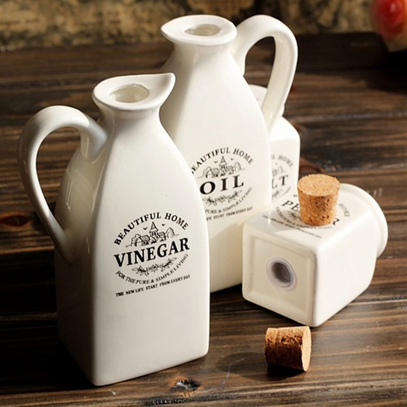 Vaso per spezie in ceramica da 4 pezzi con dispenser per bottiglie di sughero, olio e aceto in legno Pentola per condimento Pepe Aceto Olio Bottiglia di sale Strumento per cucinare Spezie