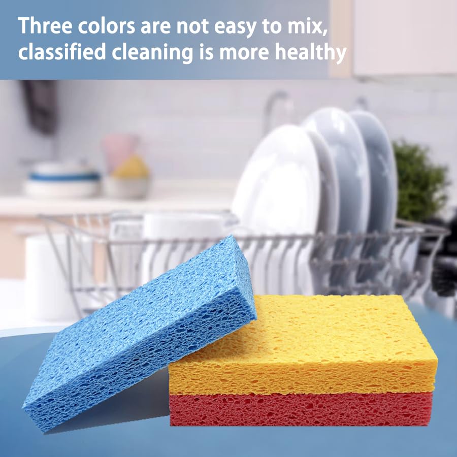 Image of Kaufibre Heavy Duty Cellulose Kitchen Sponges - Scratch-Free Super Absorbent for Dishes, Cast Iron Pans & Cookware, Reusable Multi-Surface Easy Rinse 3-Pack