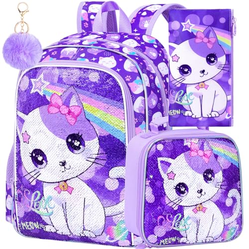 AGSDON 3PCS Backpacks for Girls, 16" Elementary Kids Cat Sequin Preschool School Bookbags and Lunch Box