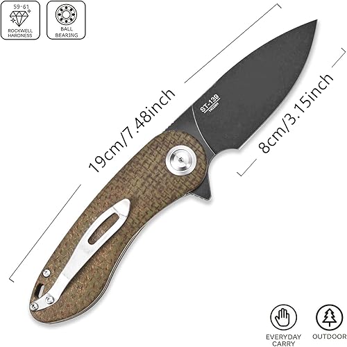 Miniatura 2 de Sitivien ST139 Sandvik 14C28N Cuchillo plegable de hoja de acero, cuchillos de herramientas EDC con mango Micarta para acampar al aire libre,