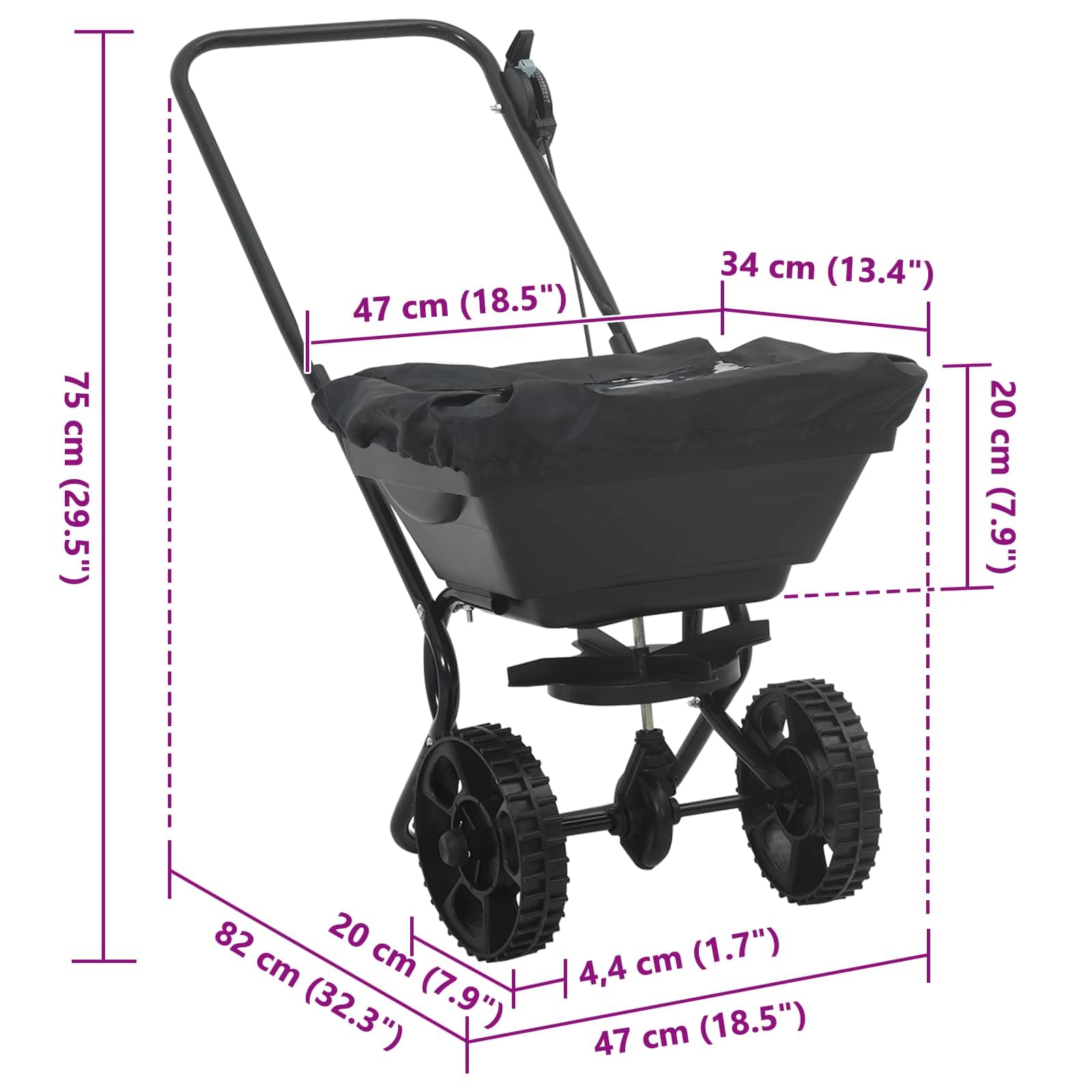 Mangloder Schwarzer Streuwagen aus PVC und Stahl, 82 x 46 x 75 cm, handstreuer, düngerstreuer, universalstreuer für rasenpflege, säen, ausbringen von saat und granulat im garten