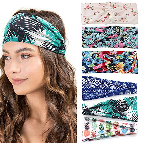 6 Pack Headbands for Women Boho Floal Style Criss Cross Head Wrap Women's Yoga Running Elastic Headbands Hair Bands Accessories Wide Bohemian Knotted Head Wrap