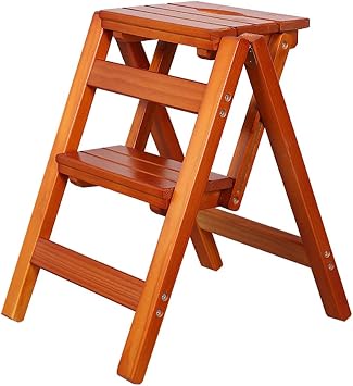 Wooden Ladder Chair for Kitchen Office Library Household Folding 2-Step Ladder Stool Multi-Function Step Stool Stair Chair Indoor Climb Step Ladder, 150 kg Capacity Color Walnut