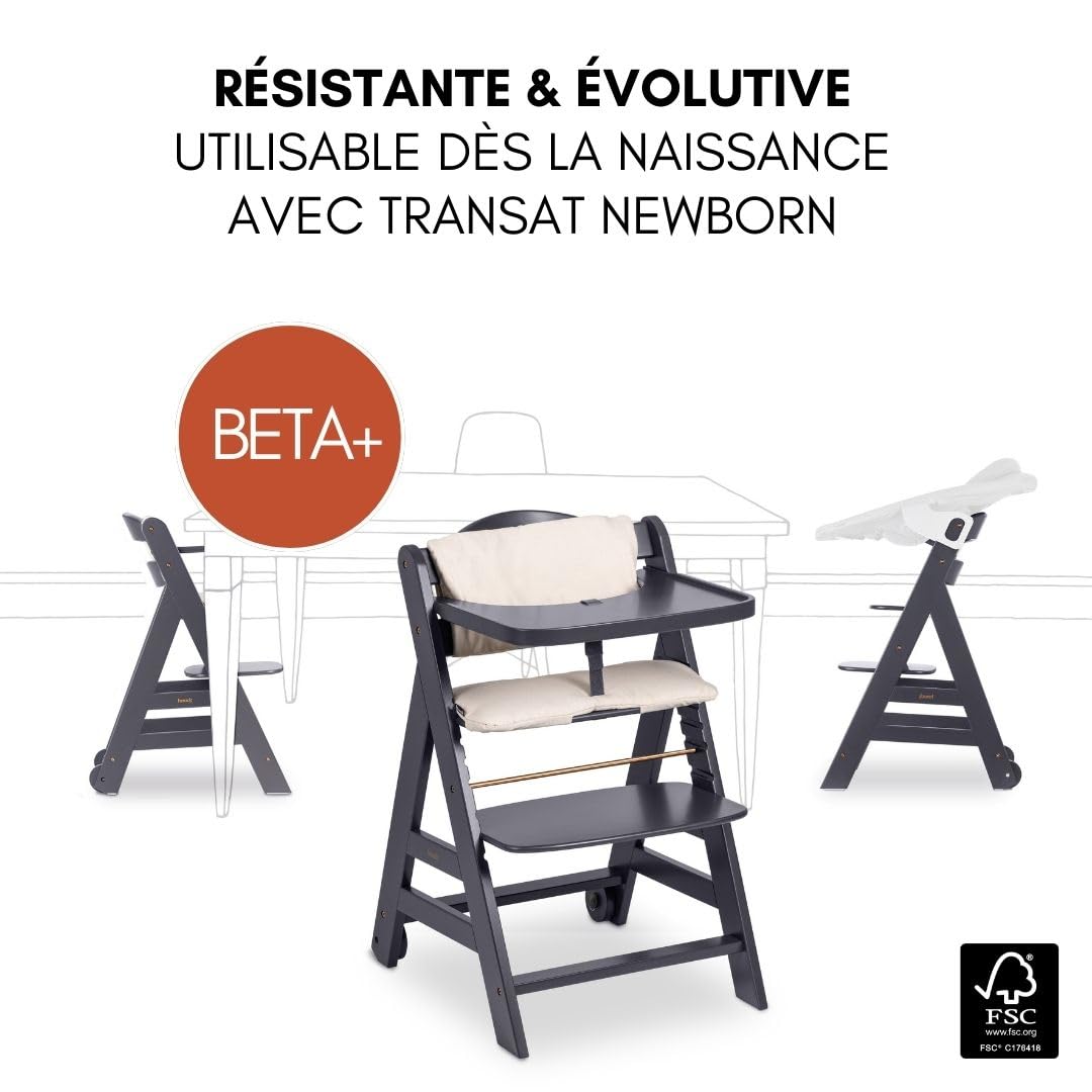hauck Chaise Haute Bébé Beta+ avec Siège Nouveau-né Deluxe - Dark Grey | Chaise haute évolutive en bois, de la naissance à 90 kg, inclus assise avec arche éveil bébé, roues, plateau repas, coussin