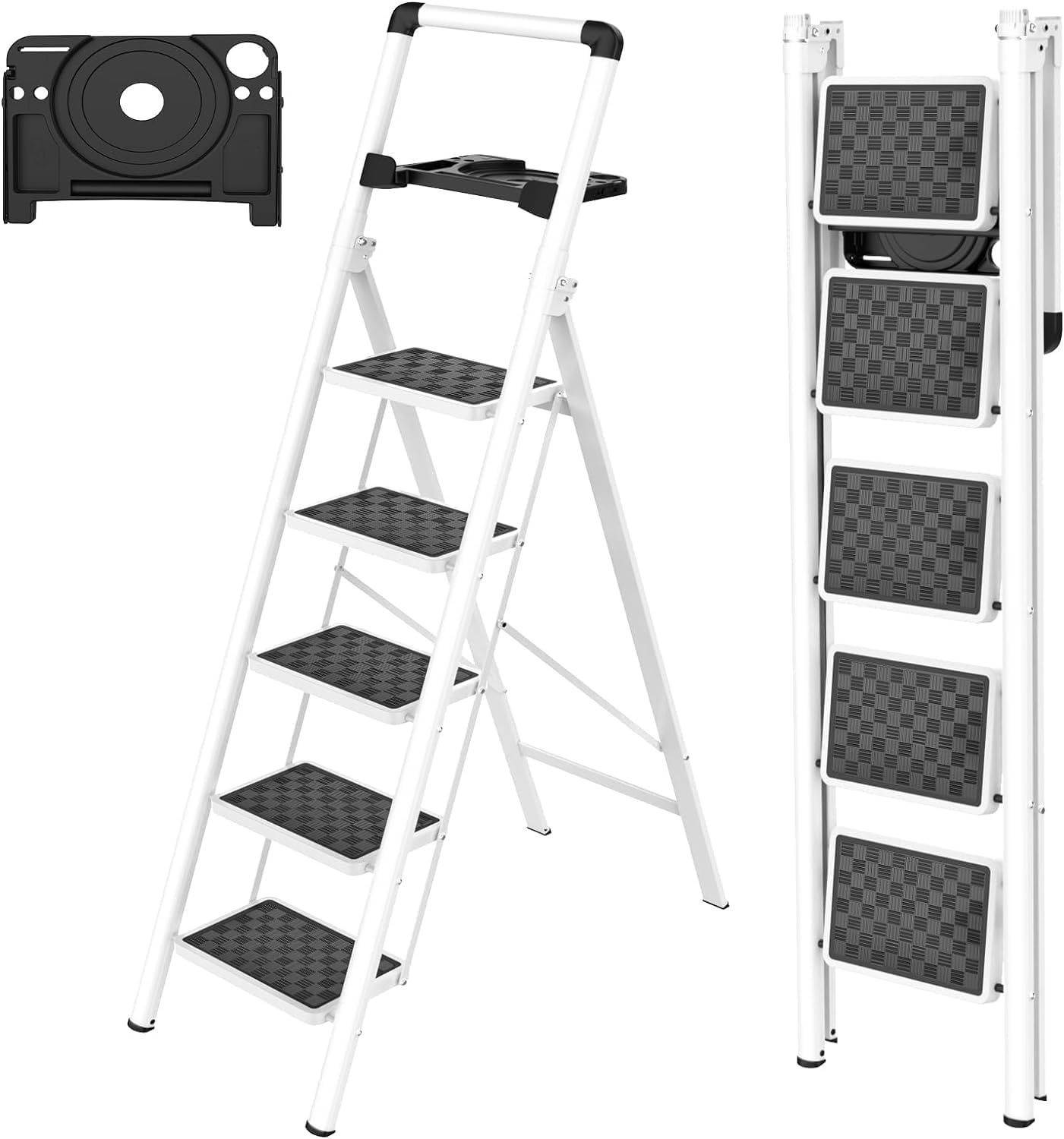HBTower Step Ladder, Step Ladder Folding Step Stool, Portable Sturdy Steel Ladder Stool for Adults with Wide Pedals Home Outdoor Kitchen, WhiteGlobal Recycled StandardGlobal Recycled StandardGlobal Recycled Standard