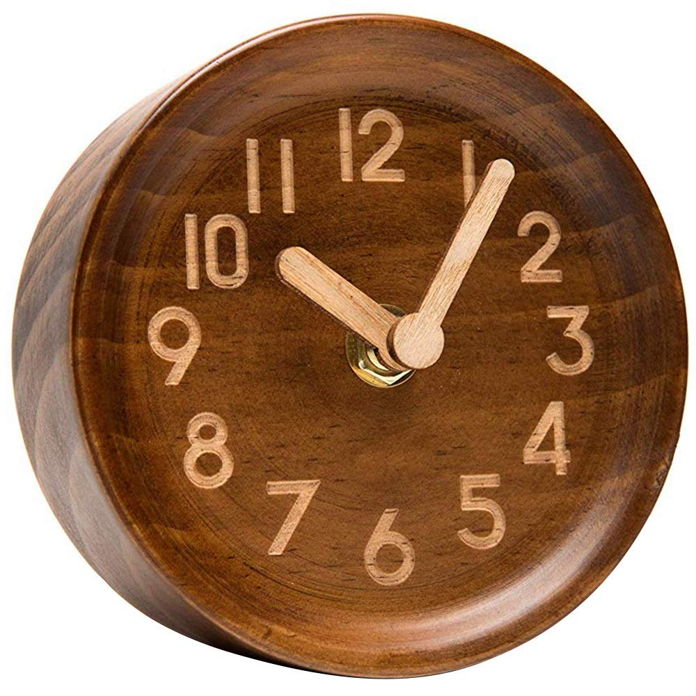 Pasuihcay Wooden Desk & Table Analog Clock Made of Genuine Pine(Dark)-Battery Operated with Precise Silent Sweep Mechanism, Brown