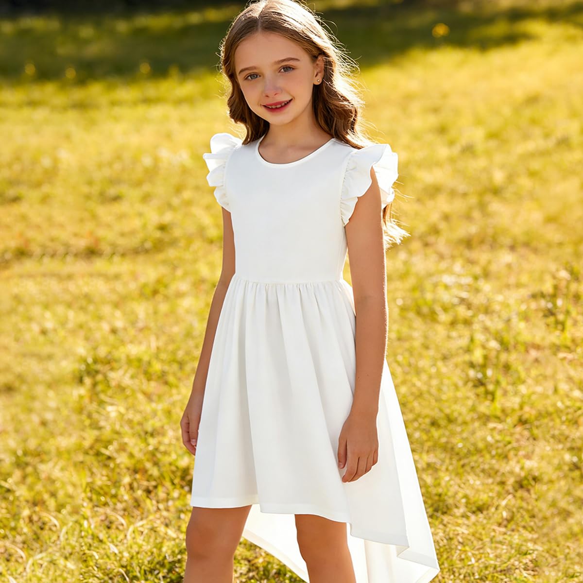 Vestido Niña Casual Corte A Dobladillo Asimétrico con Bolsillos Cuello Redondo Color Liso Elegante Vestidos para Fiesta - 2