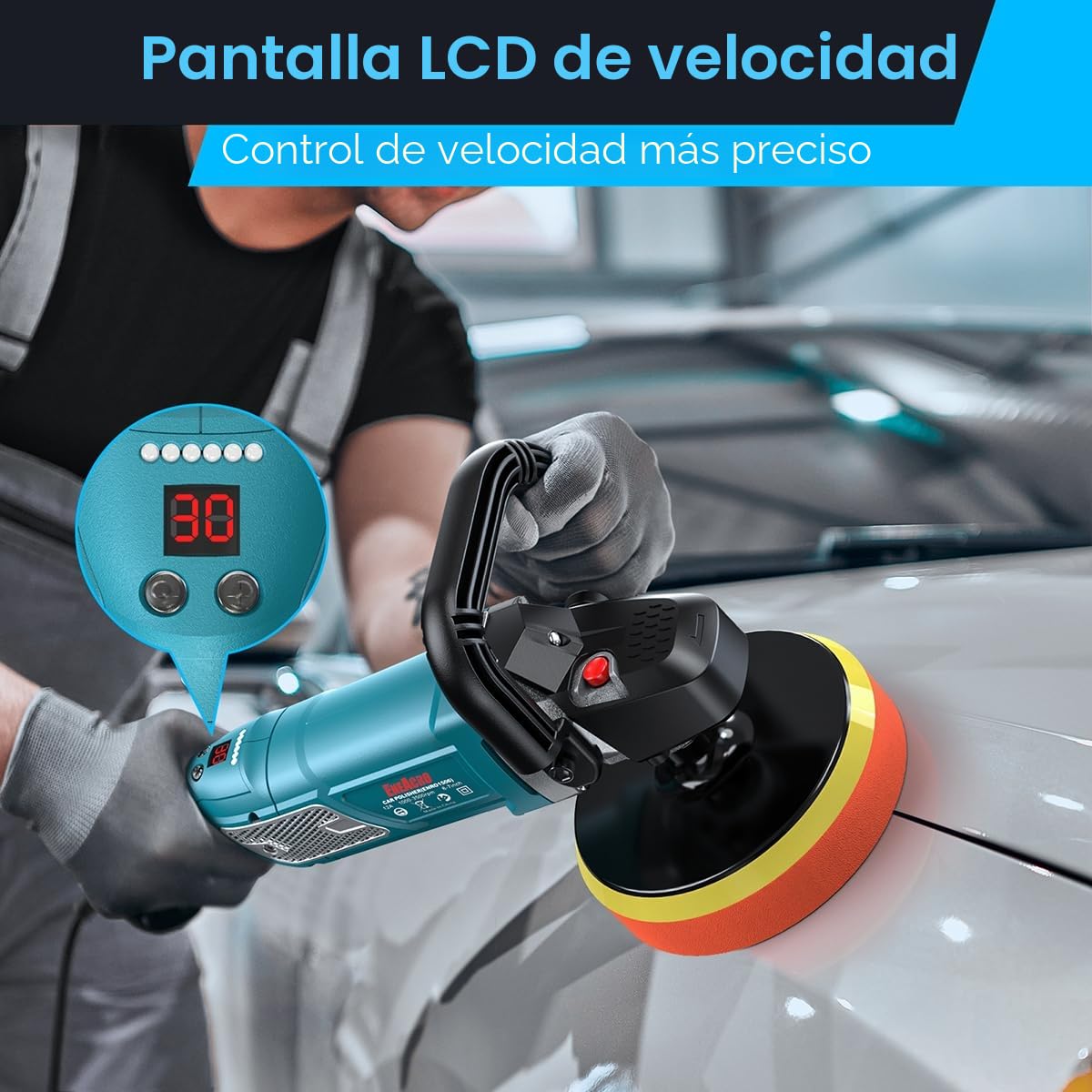 ENEACRO Pulidora Coche, 1800W Máquina Pulidora, Velocidad Variable con Pantalla LCD, Plato de Apoyo 150/180mm, Mangos Desmontables, Ideal para Lijar, Pulir y Encerar Barcos y Coches