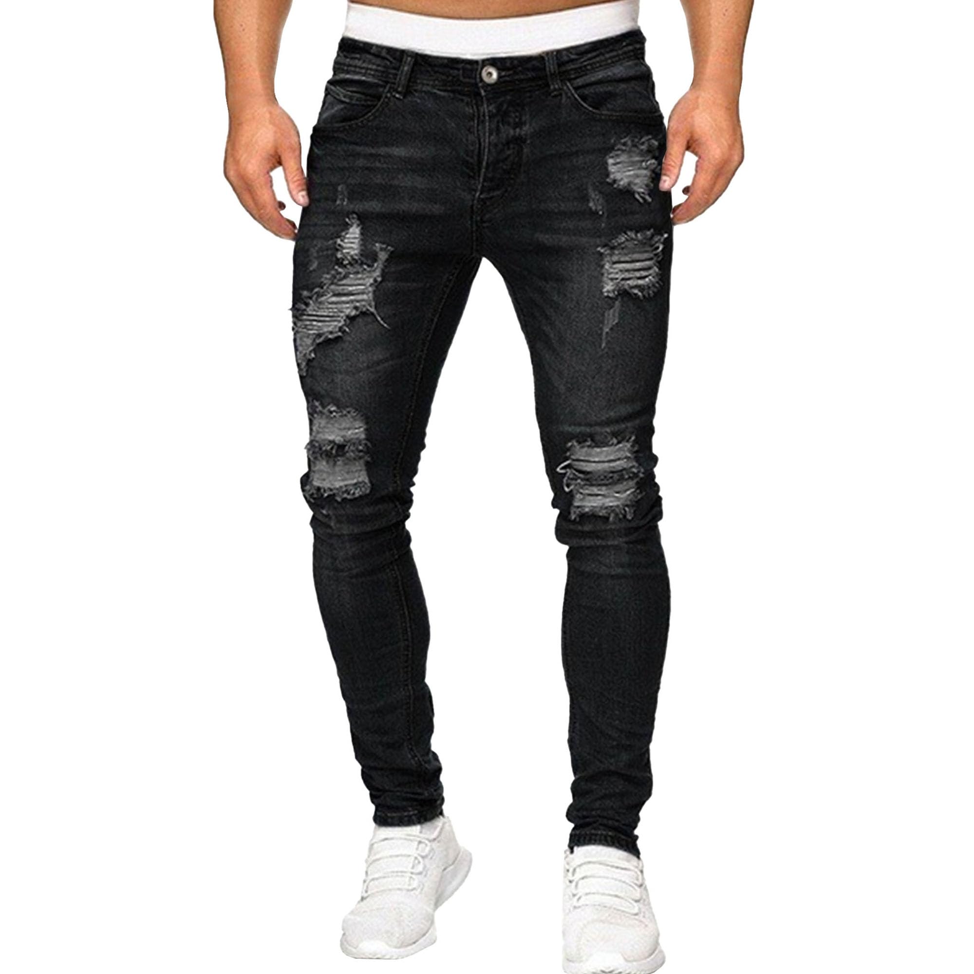 Mens Slim Fit Stretch Jeans Destroyed Ripped Skinny Side Striped Denim Pants