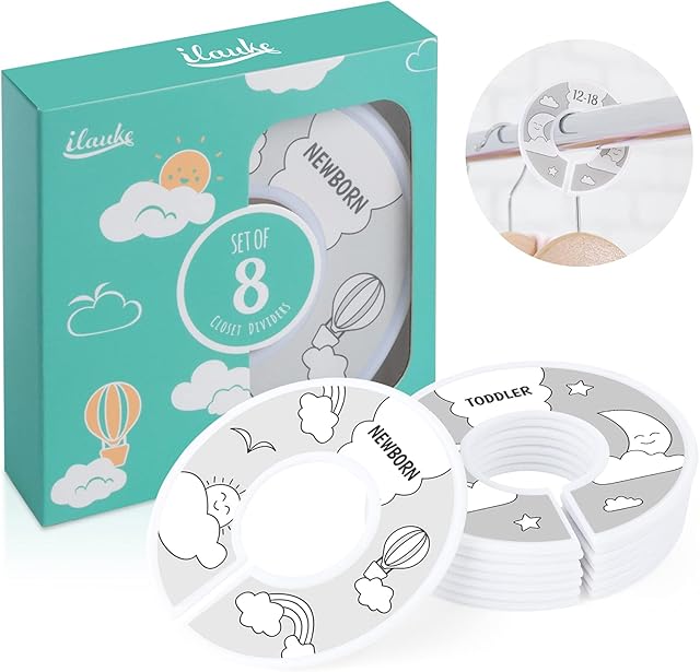 ilauke 8Pcs Nursery Wardrobe Dividers for Baby Clothes Round Closet Dividers Plastic Size Age Dividers from Newborn Infant to Toddlers (Cloud)