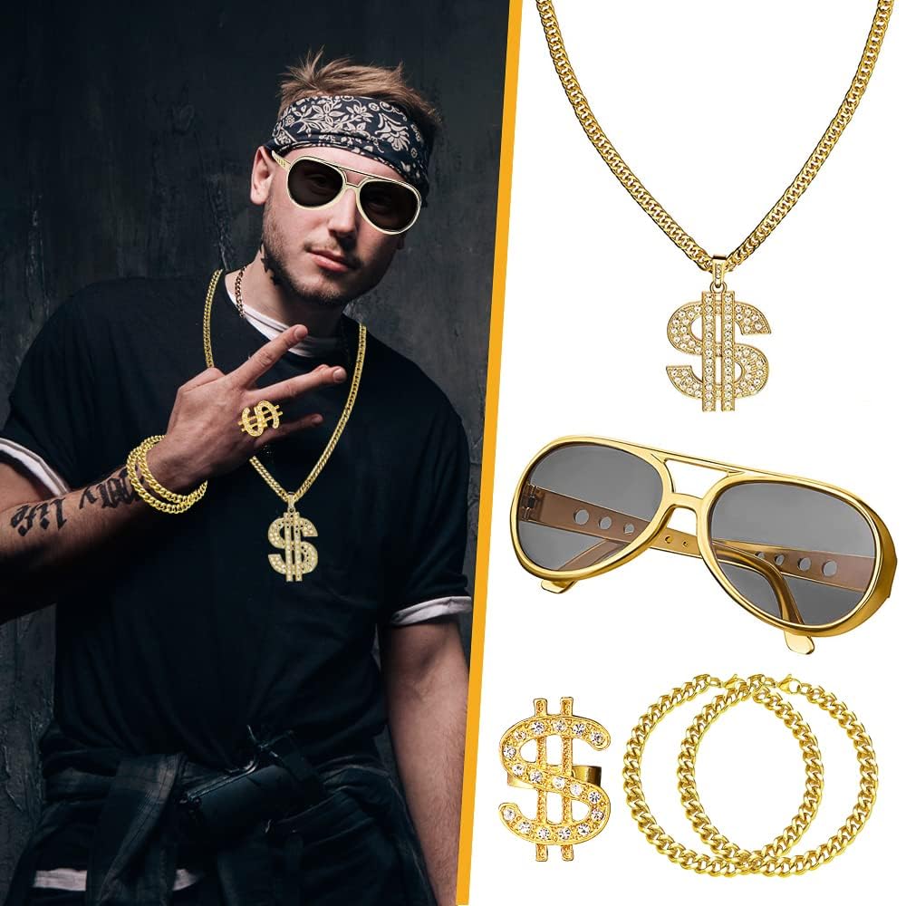 Zestaw kostiumowy hip-hopowy w stylu lat 80., złoty dolar, łańcuszek i złota bransoletka, pierścień, okulary, osobowość, hip-hop, kostium dla mężczyzn, lat 80-tych, 90., kostium rapera, na